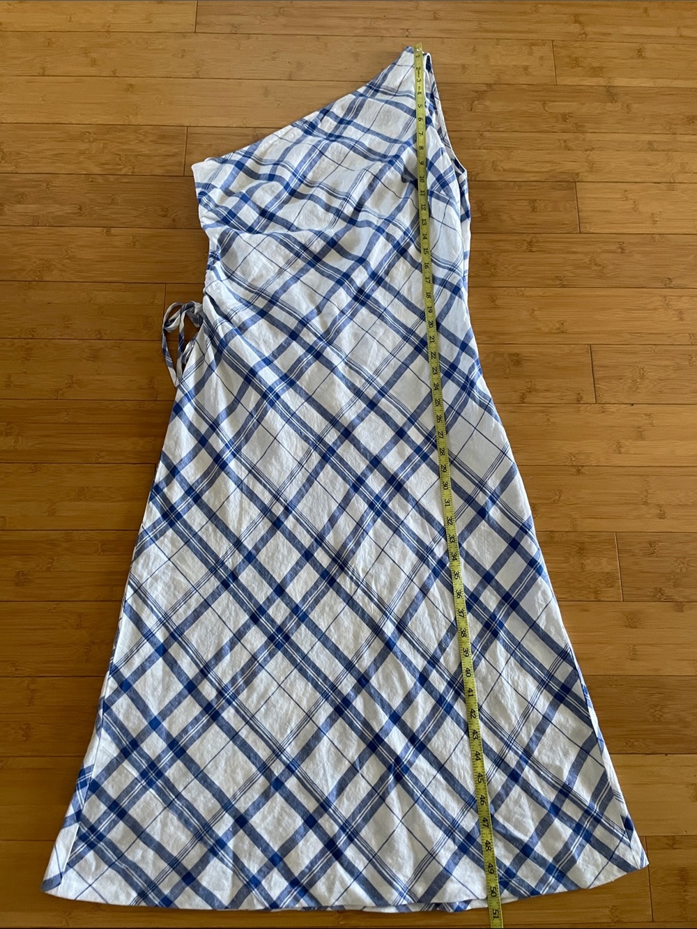 Madewell Ruched One-Shoulder Midi Dress Size 12 Blue White Plaid Linen - Picture 12 of 12